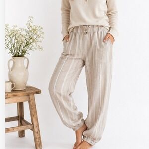 Rewash Womens Linen Rayon Striped Jogger Pants Beige Gray High Waist Large